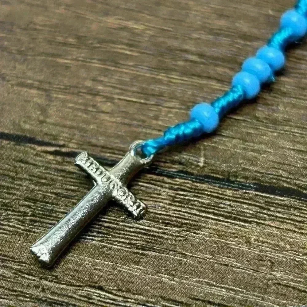 Bright Blue Kids Rosary with Silver Tone Crucifix